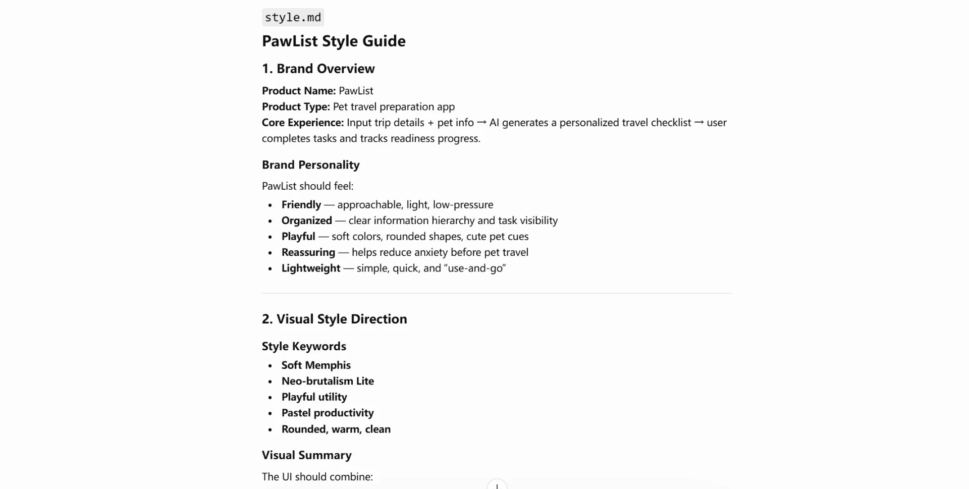 PawList Style.md design guide with color tokens, typography, and component rules