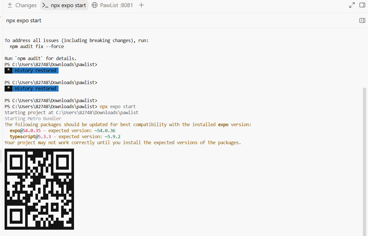 Codex terminal and Expo development environment running the PawList mobile app